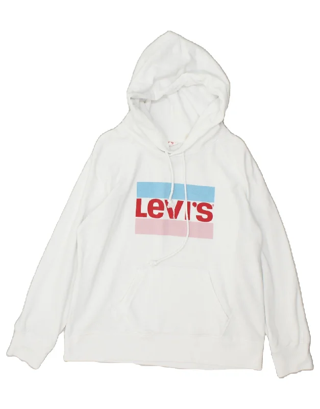 LEVI'S Womens Loose Fit Graphic Hoodie Jumper UK 14 Medium White Hoodie with Neon Bright Vibrant