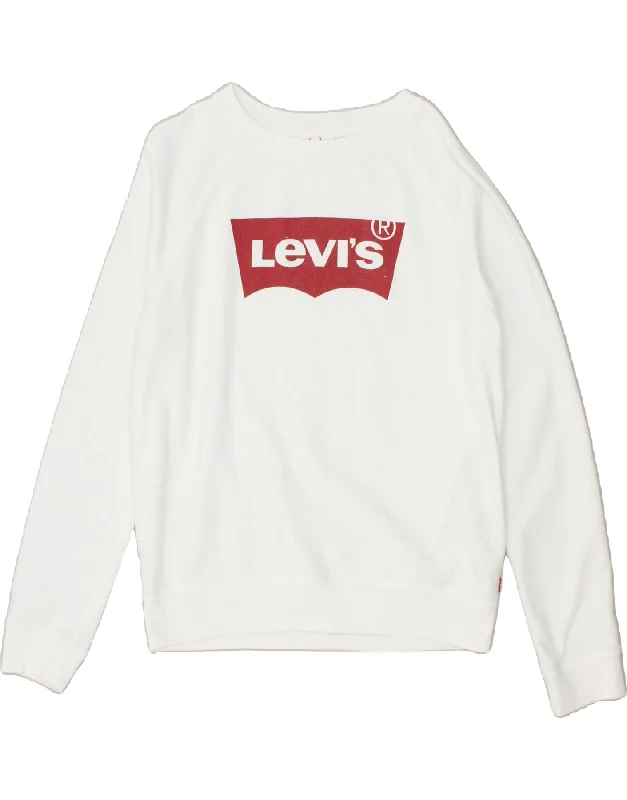 LEVI'S Womens Loose Fit Graphic Sweatshirt Jumper UK 10 Small White Cotton Hoodie with Toggle Buttons Decorative Unique