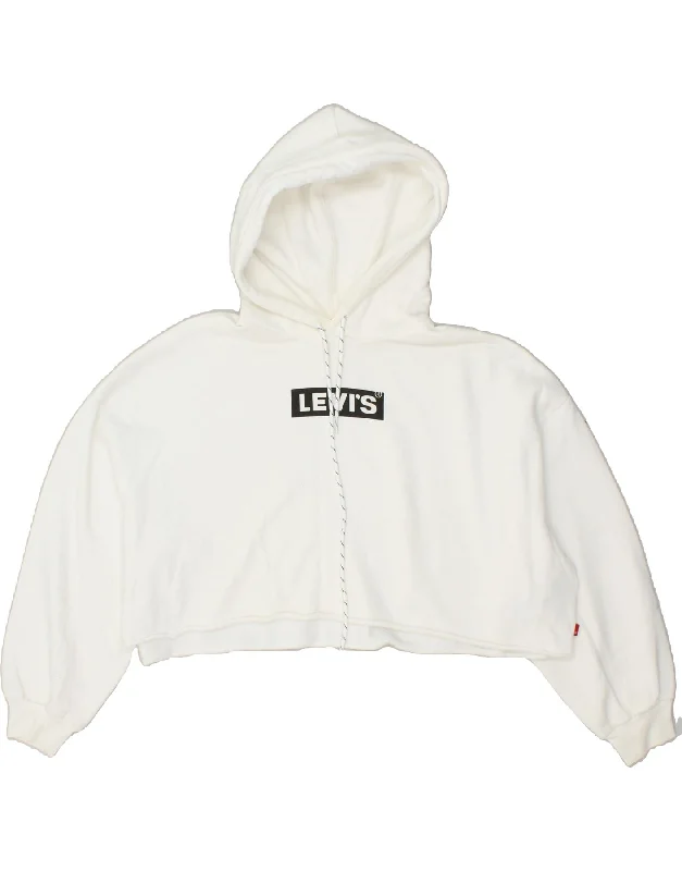 LEVI'S Womens Oversized Crop Graphic Hoodie Jumper UK 12 Medium Off White Oversized Hoodie Comfort Casual