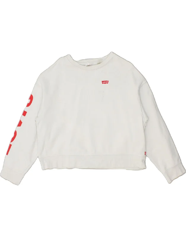 LEVI'S Womens Oversized Graphic Crop Sweatshirt Jumper UK 6 XS White Hoodie with Half-Zip Sporty Casual