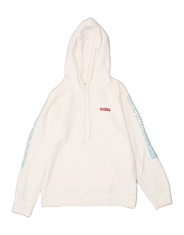 LEVI'S Womens Oversized Graphic Hoodie Jumper UK 10 Small White Cotton Hoodie with Illustration Artistic Creative