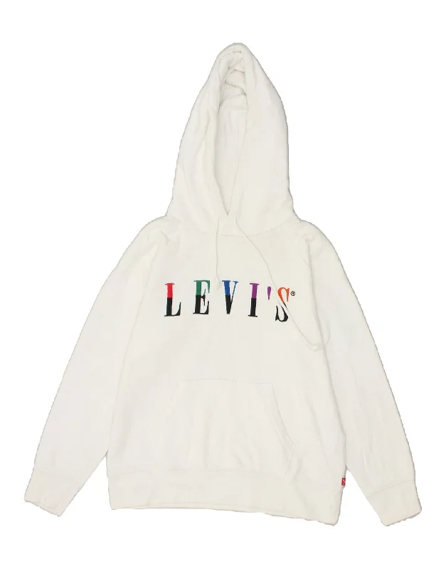 LEVI'S Womens Oversized Graphic Hoodie Jumper UK 6 XS White Cotton Hoodie with Mock Neck Collared Structured