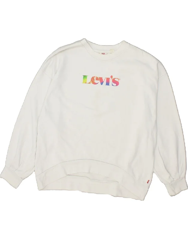 LEVI'S Womens Oversized Graphic Sweatshirt Jumper UK 14 Medium White Hoodie with Rhinestones Sparkly Elegant