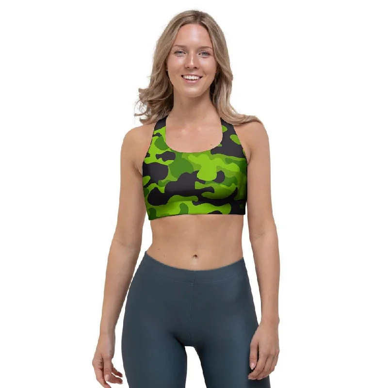 Lime Green Camo Print Sports Bra Soft Mesh Bralette