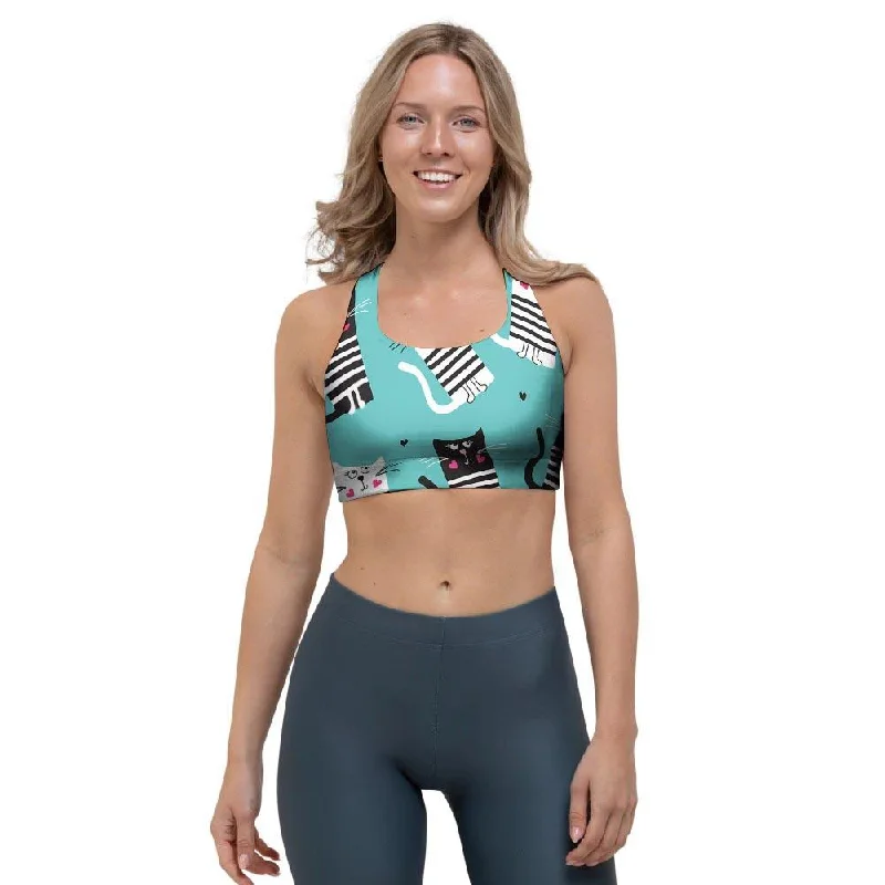 Love Turquoise Cat Print Sports Bra Sexy Lace Bralette