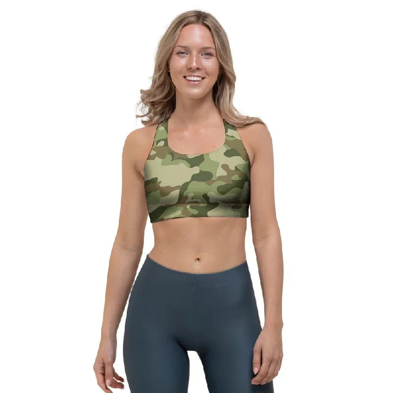 Military Green Camo Print Sports Bra Contour Bra Style