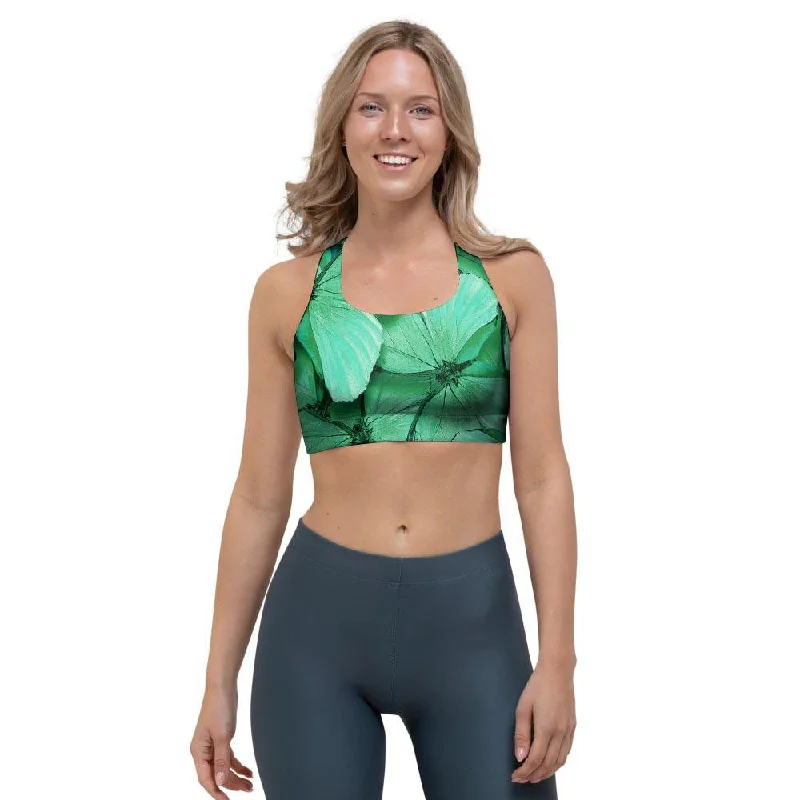 Mint Green Butterfly Print Sports Bra Light Padded Bra