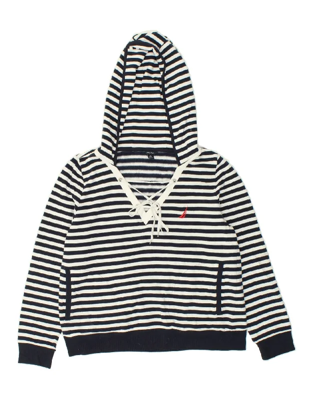 NAUTICA Womens Hoodie Jumper UK 18 XL Navy Blue Striped Cotton Hoodie with Cuffed Sleeves Snug Secure