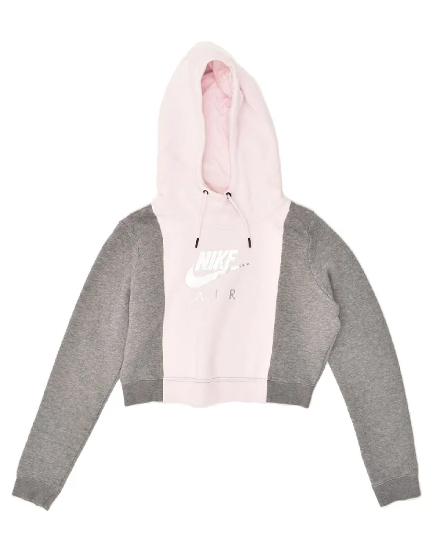 NIKE Womens Crop Graphic Hoodie Jumper UK 10 Small Grey Colourblock Zip Hoodie Drawstring Kangaroo Pocket