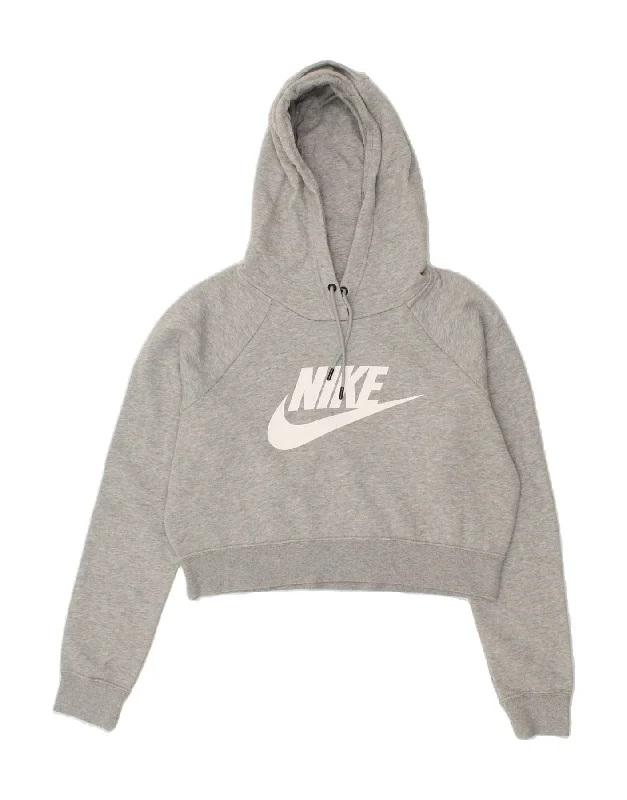 NIKE Womens Crop Graphic Hoodie Jumper UK 10 Small Grey Cotton Hoodie with Cuffed Sleeves Snug Secure