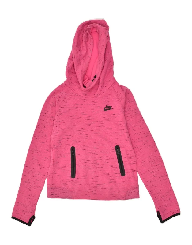 NIKE Womens Crop Hoodie Jumper UK 10 Small Pink Flecked Cotton Hoodie with Hem Raw Edge Edgy Unfinished