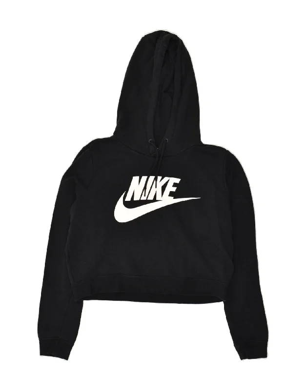 NIKE Womens Crop Sweatshirt Jumper UK 14 Medium Black Cotton Hoodie with Hem Embroidery Detailed Premium