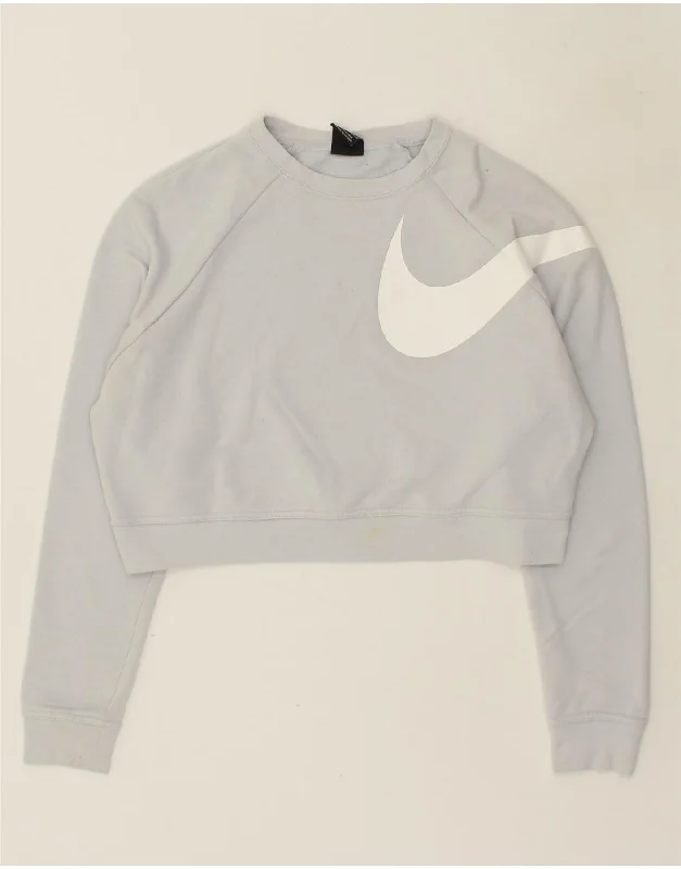 NIKE Womens Dri Fit Graphic Crop Sweatshirt Jumper UK 10 Small Blue Cotton Hoodie with Contrast Stitching Detailed Premium