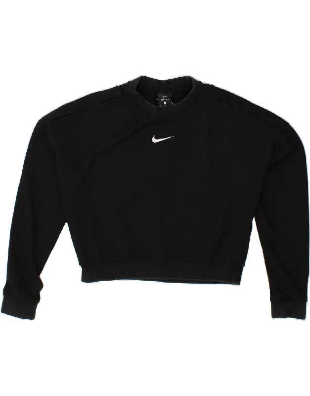 NIKE Womens Dri Fit Graphic Crop Sweatshirt Jumper UK 14 Medium Black Hoodie with Toggle Buttons Decorative Unique