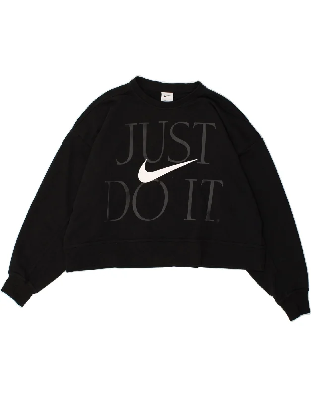 NIKE Womens Dri Fit Graphic Crop Sweatshirt Jumper UK 14 Medium Black Hoodie with Puffed Sleeves Voluminous Trendy