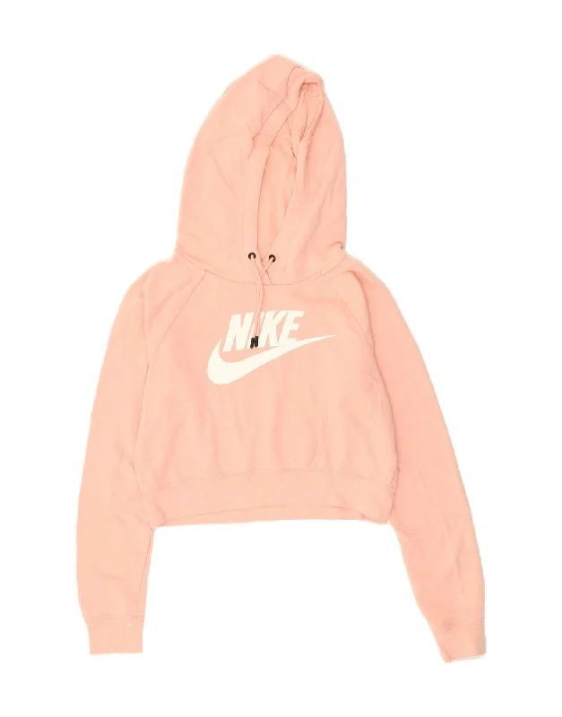 NIKE Womens Graphic Crop Hoodie Jumper UK 6 XS Pink Hoodie with Batwing Sleeves Loose Dramatic