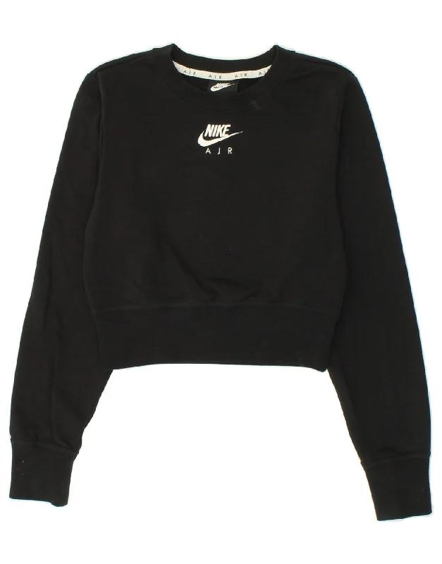 NIKE Womens Graphic Crop Sweatshirt Jumper UK 6 XS Black Cotton Hoodie with Elastic Waist Stretchable Comfortable