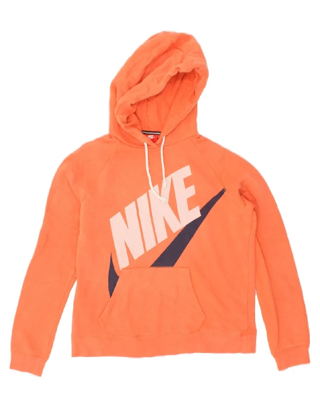 NIKE Womens Graphic Hoodie Jumper UK 14 Large Orange Cotton Hoodie with Embroidery Detailed Premium