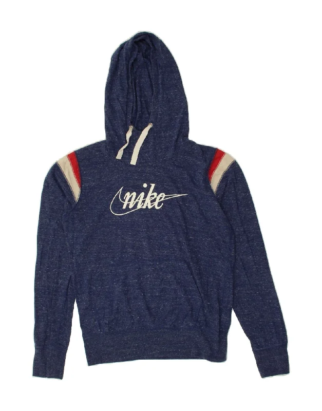 NIKE Womens Graphic Hoodie Jumper UK 14 Medium Navy Blue Flecked Cotton Graphic Hoodie Design Print