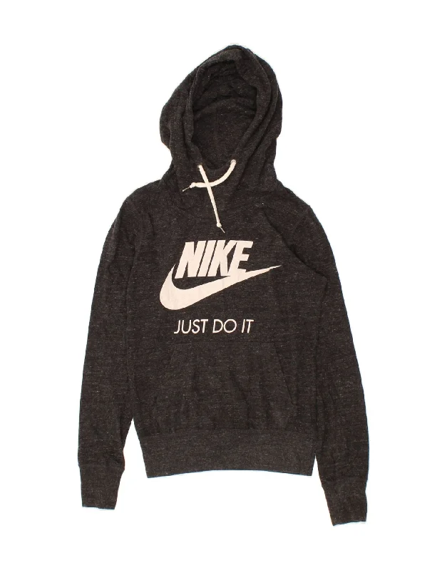 NIKE Womens Graphic Hoodie Jumper UK 6 XS Grey Flecked Cotton Hoodie with Back Slit Movement Comfort