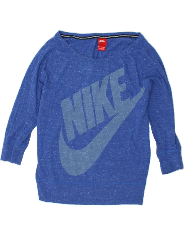 NIKE Womens Graphic Sweatshirt Jumper UK 14 Medium Blue Flecked Hoodie with Thumb Holes Functional Cozy