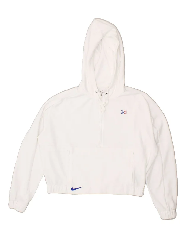 NIKE Womens Oversized Crop Zip Neck Hoodie Jumper UK 14 Medium White Hoodie with Hem Raw Edge Edgy Unfinished