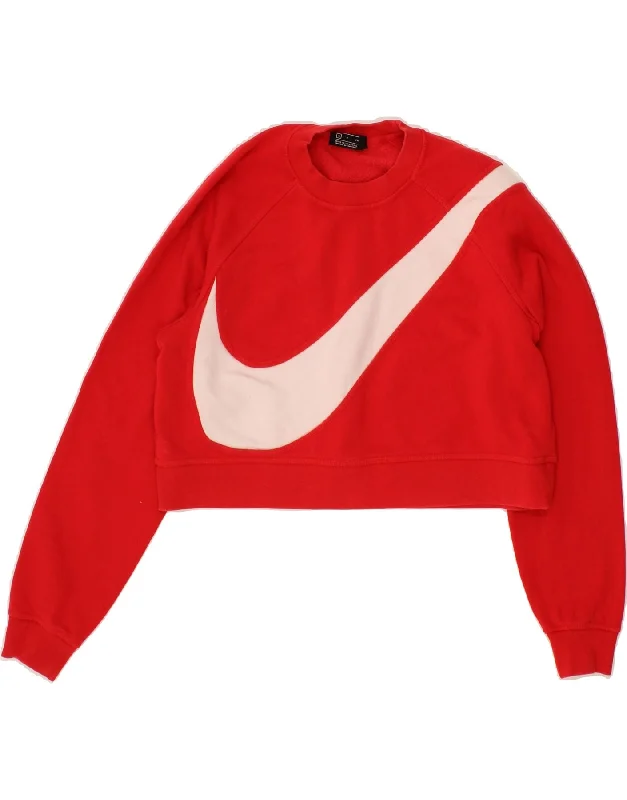 NIKE Womens Oversized Graphic Crop Sweatshirt Jumper UK 10 Small Red Hoodie with Snap Buttons Easy Quick