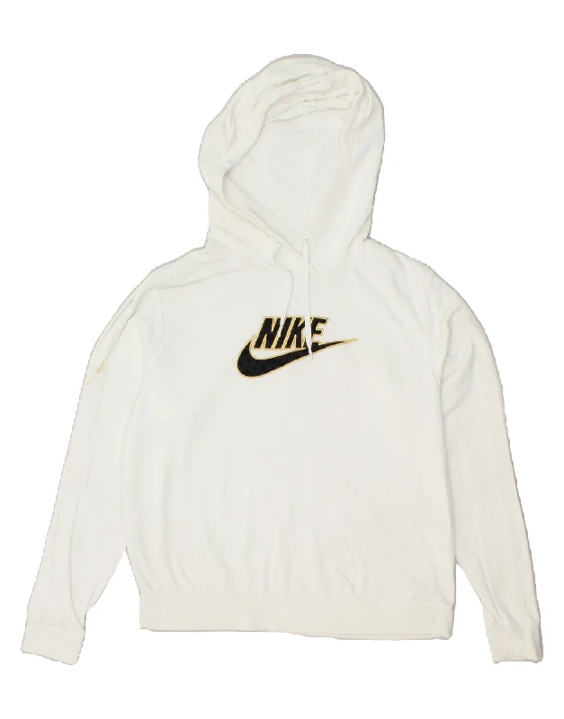 NIKE Womens Oversized Graphic Hoodie Jumper UK 10 Small Off White Cotton Hoodie Sweatshirt Pullover