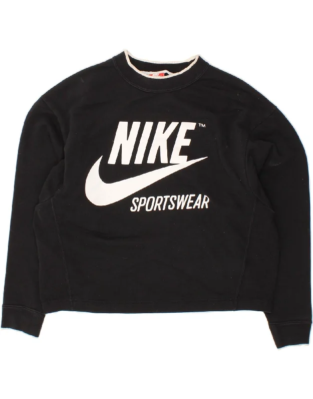 NIKE Womens Oversized Graphic Sweatshirt Jumper UK 10 Small Black Cotton Hoodie with Earth Tones Natural Calm