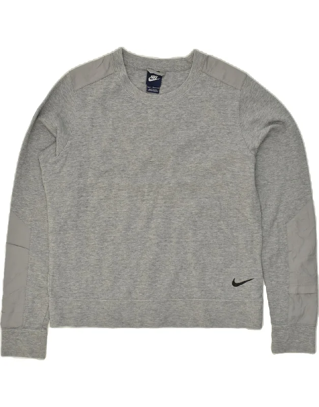 NIKE Womens Sweatshirt Jumper UK 14 Large Grey Cotton Hoodie with Hem Elastic Stretchable Comfortable