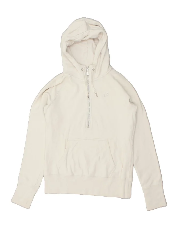 NIKE Womens Zip Neck Hoodie Jumper UK 12/14 Medium Off White Cotton Hoodie with Applique Textured Unique