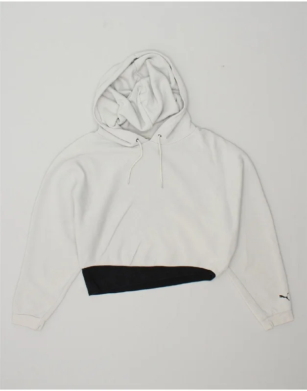 PUMA Womens Crop Hoodie Jumper UK 14 Large White Colourblock Cotton Hoodie with Crew Neck Simple Timeless PUMA Womens Crop Hoodie Jumper UK 14 Large White Colourblock Cotton Hoodie with Crew Neck Simple Timeless