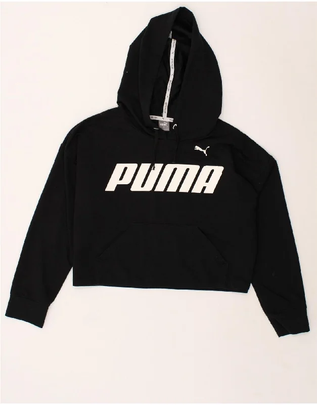 PUMA Womens Graphic Crop Hoodie Jumper UK 14 Medium Black Cotton Hoodie with Monochrome Minimalist Simple