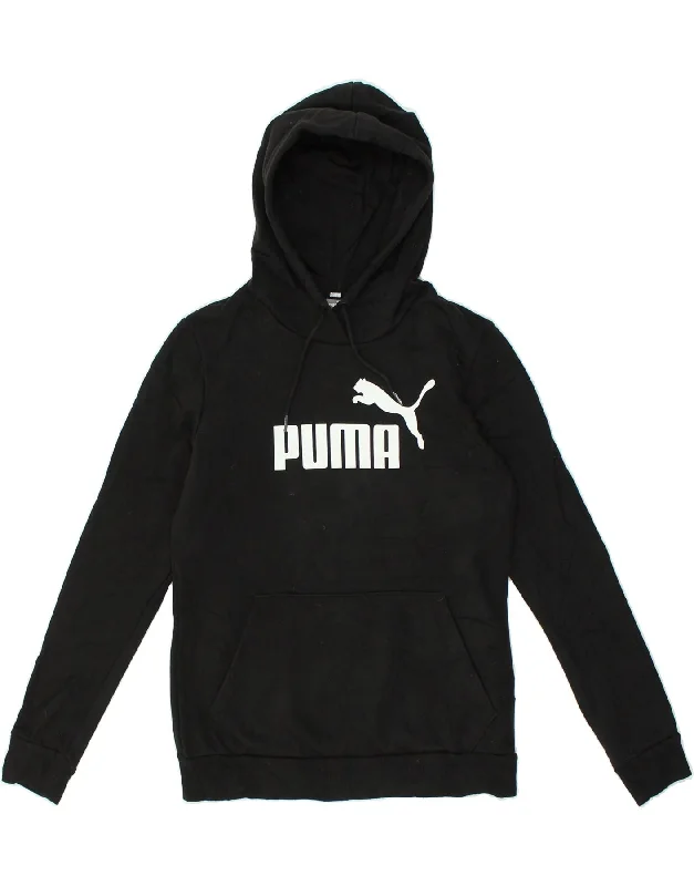 PUMA Womens Graphic Hoodie Jumper UK 10 Small Black Cotton Hoodie with Front Slit Layering Stylish