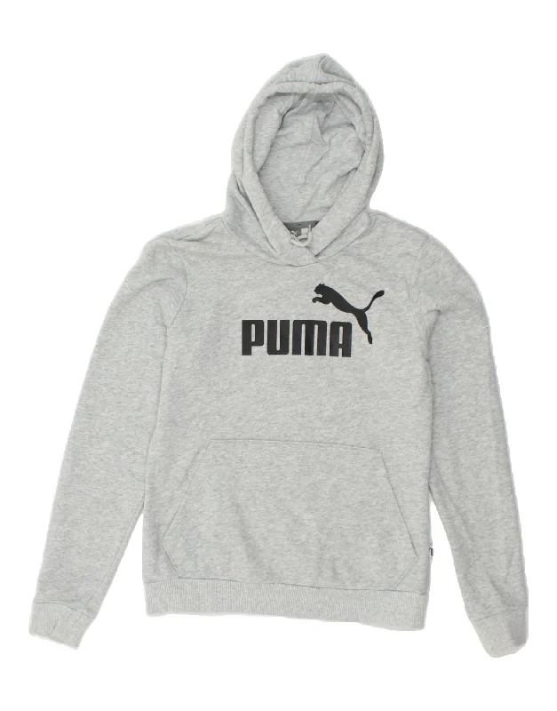 PUMA Womens Graphic Hoodie Jumper UK 10 Small Grey Cotton Hoodie with Patch Decorative Personalized