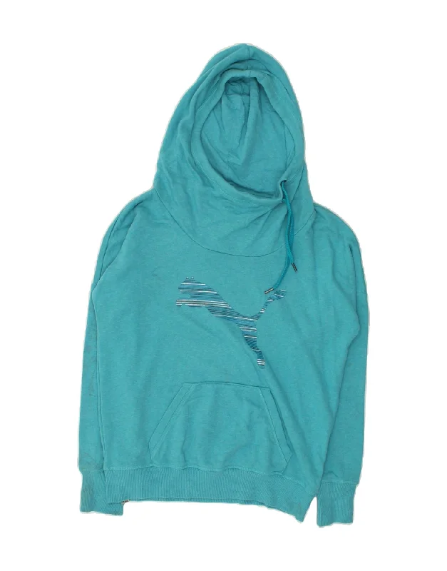 PUMA Womens Graphic Hoodie Jumper UK 10 Small Turquoise Cotton Hoodie with Elastic Cuffs Stretchable Comfortable