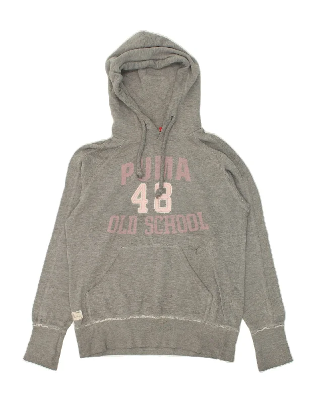 PUMA Womens Graphic Hoodie Jumper UK 12 Medium  Grey Cotton Hoodie with Mock Neck Collared Structured