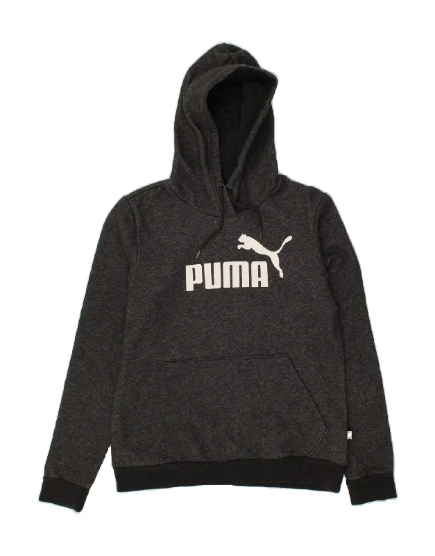 PUMA Womens Graphic Hoodie Jumper UK 12 Medium Grey Flecked Cotton Hoodie with Bell Sleeves Flared Feminine