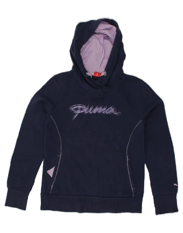 PUMA Womens Graphic Hoodie Jumper UK 12 Medium Navy Blue Cotton Hoodie with Hem Patch Decorative Personalized