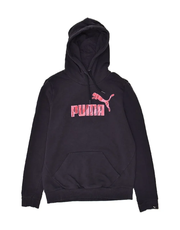 PUMA Womens Graphic Hoodie Jumper UK 14 Large Navy Blue Cotton Hoodie with Color Block Contrast Stylish