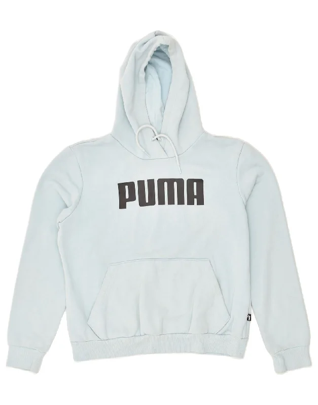 PUMA Womens Graphic Hoodie Jumper UK 14 Medium Blue Cotton Hoodie with High-Low Hem Asymmetrical Trendy