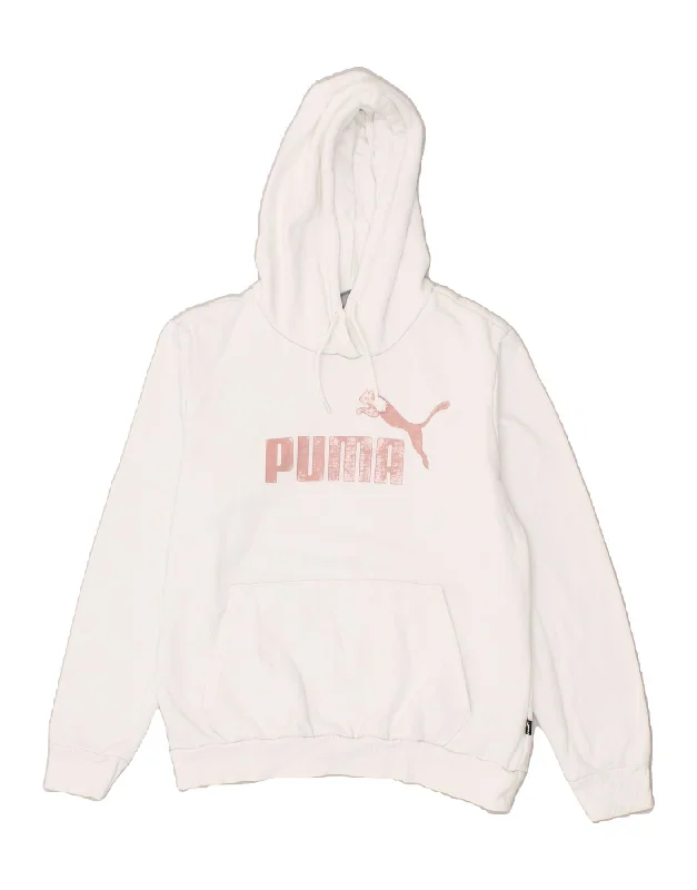 PUMA Womens Graphic Hoodie Jumper UK 14 Medium White Cotton Hoodie with Sequins Glamorous Eye-catching