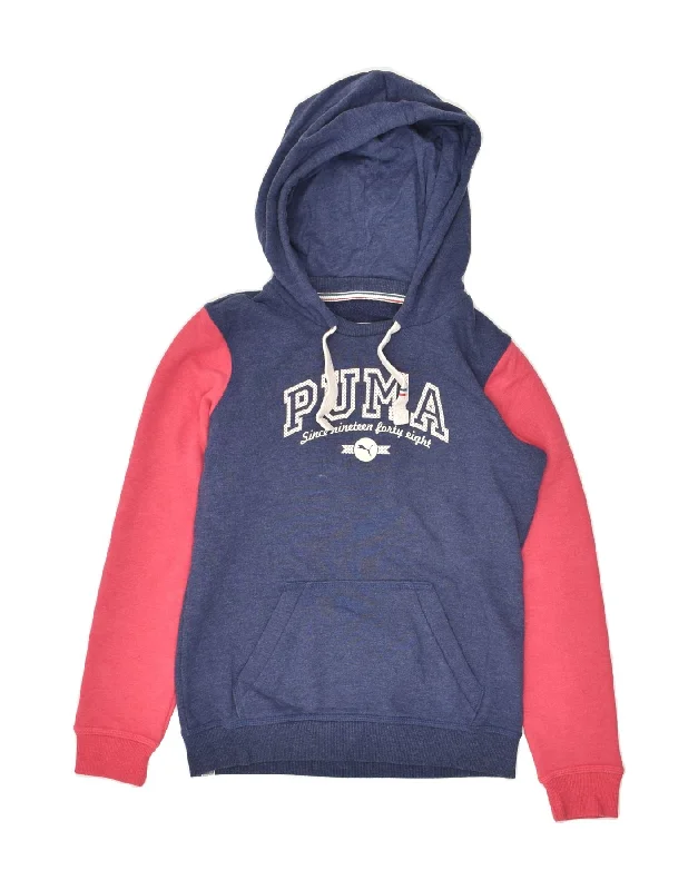 PUMA Womens Graphic Hoodie Jumper UK 8 Small Navy Blue Colourblock Hoodie with Metallic Shiny Futuristic