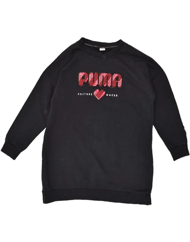 PUMA Womens Graphic Sweatshirt Jumper UK 16 Large Black Hoodie with Typography Text Message