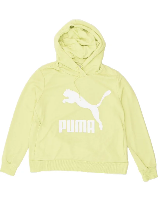 PUMA Womens Loose Fit Graphic Hoodie Jumper UK 16 Large Yellow Cotton Hoodie with Tied Waist Feminine Flattering