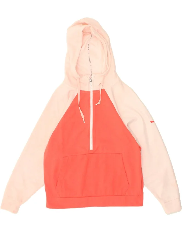 PUMA Womens Zip Neck Hoodie Jumper UK 14 Medium Pink Colourblock Cotton Hoodie with Pocket Utility Practical