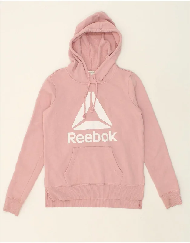 REEBOK Womens Graphic Hoodie Jumper UK 6 XS Pink Cotton Hoodie with Batwing Sleeves Loose Dramatic