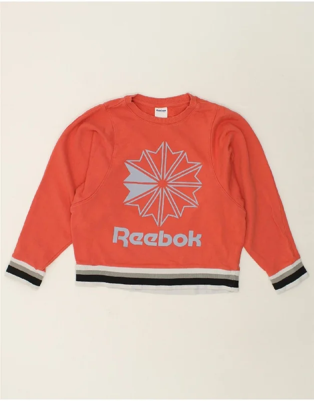 REEBOK Womens Graphic Sweatshirt Jumper UK 8/10 Small Orange Cotton Hoodie with Logo Branding Identity