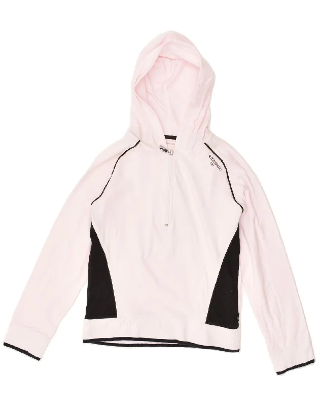 REEBOK Womens Hoodie Jumper UK 12 Medium Pink Cotton Hoodie with Pattern Geometric Abstract