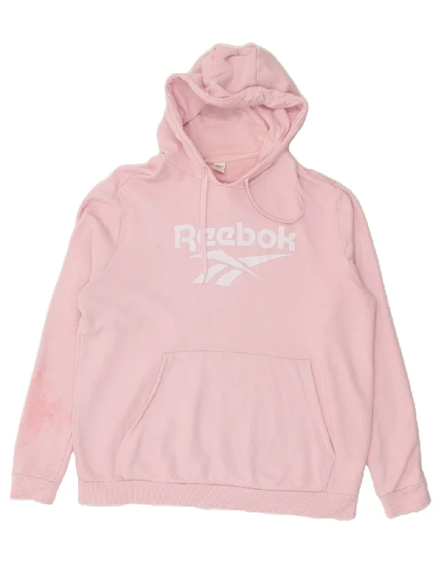 REEBOK Womens Oversized Graphic Hoodie Jumper UK 18 XL Pink Cotton Hoodie with Hem Applique Textured Unique REEBOK Womens Oversized Graphic Hoodie Jumper UK 18 XL Pink Cotton Hoodie with Hem Applique Textured Unique
